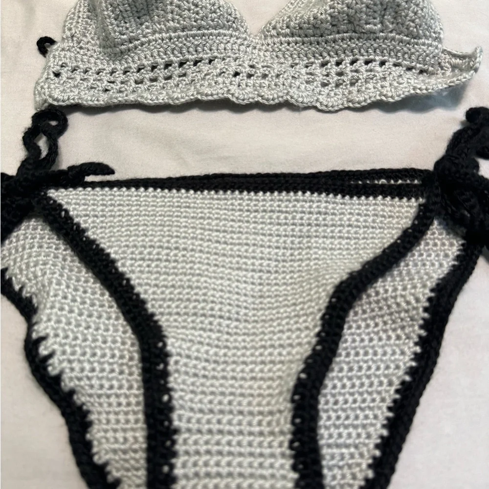 Handmade knit/crochet grey and black bikini rave festival two piece set